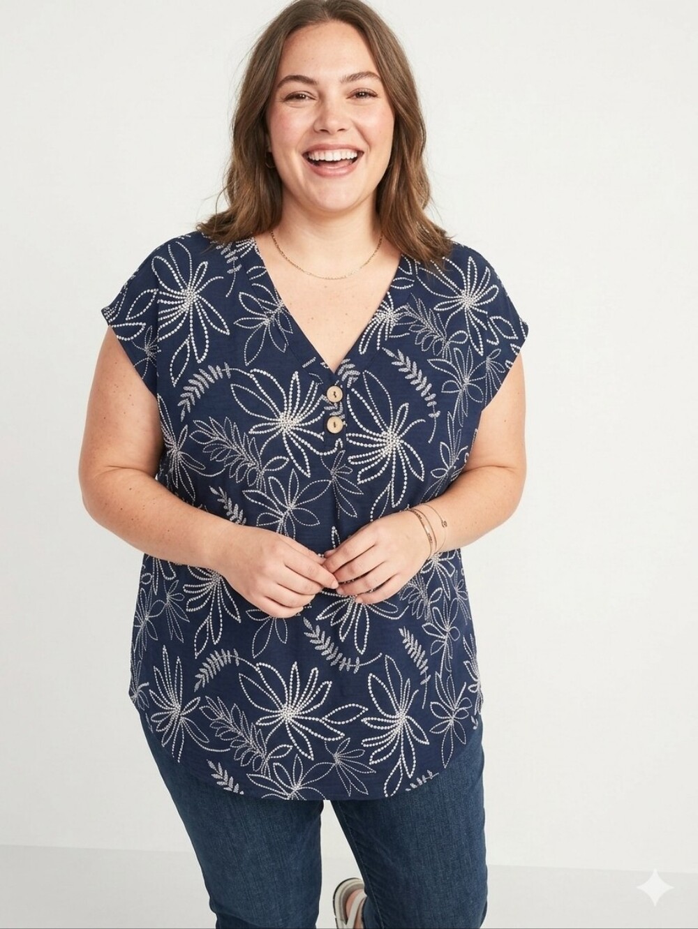 Cure. Plus Size  Navy Floral V-Neck Cap-Sleeve Blouse with Button Trim